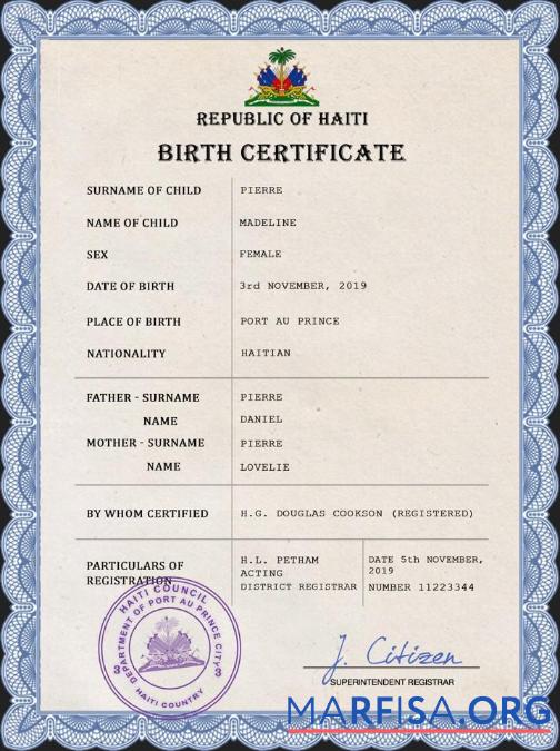Realistic Haiti vital record birth certificate PSD template